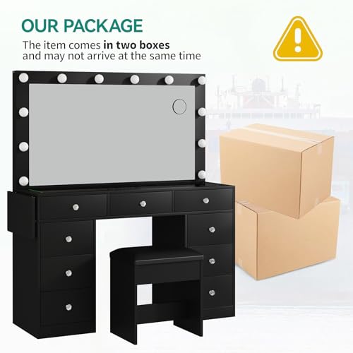 55" W Vanity Desk, Makeup Vanity with Charging Station, 15 Drawers with Lighted Mirror, 3 Lighting Modes, Brightness Adjustable, Glass Top