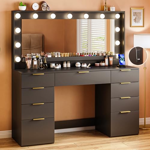 Vanity Desk with Large Mirror and Lights, 45.3in Makeup Vanity with Power Outlet 9 Drawers & Storage, 3 Lighting Color Adjustable