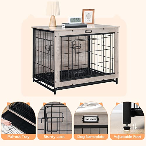 HOOBRO Dog Crate Furniture, 38.6" Large Dog Kennel Indoor, Wooden Cage with Pull-Out Tray