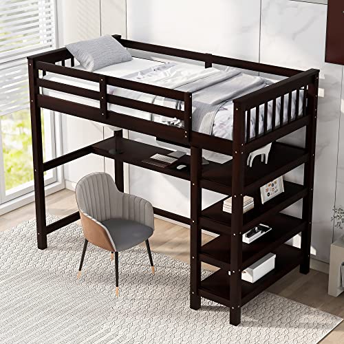 Harper & Bright Designs Full Loft Bed with Desk and Wardrobe,Solid Wood Loft Bed Frame Full with Storage Drawers for Kids Teens Adults