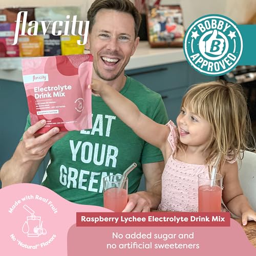 FlavCity Raspberry Lychee Electrolytes Drink Mix, 28 On-The-Go Stick Packs - Healthy Electrolytes Powder Packets Made with Real Fruit