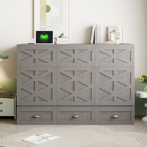 Harper & Bright Designs Full Size Murphy Bed Wall Bed, Solid Pine Murphy Bed Chest Cube Cabinet Bed with USB