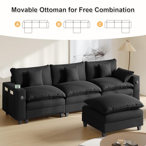 Modular Sectional Sofa, Cloud Couch with Ottoman, Charging Station, Throw Pillows, Cup Holders, Modern Convertible U Shaped Couches for Living Room