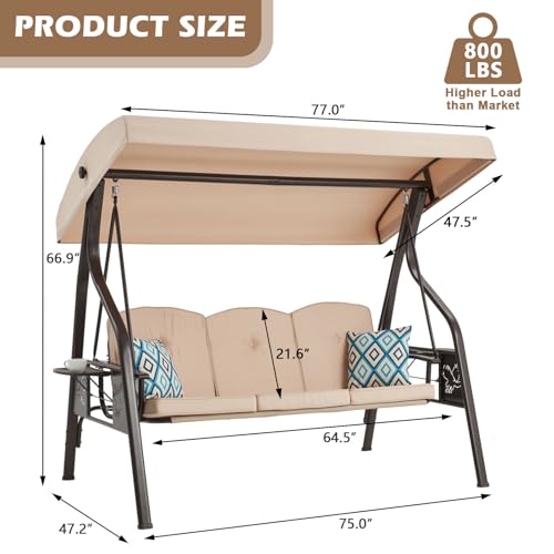 3-Seat Outdoor Porch Swing with Stand, Patio Swing with Canopy