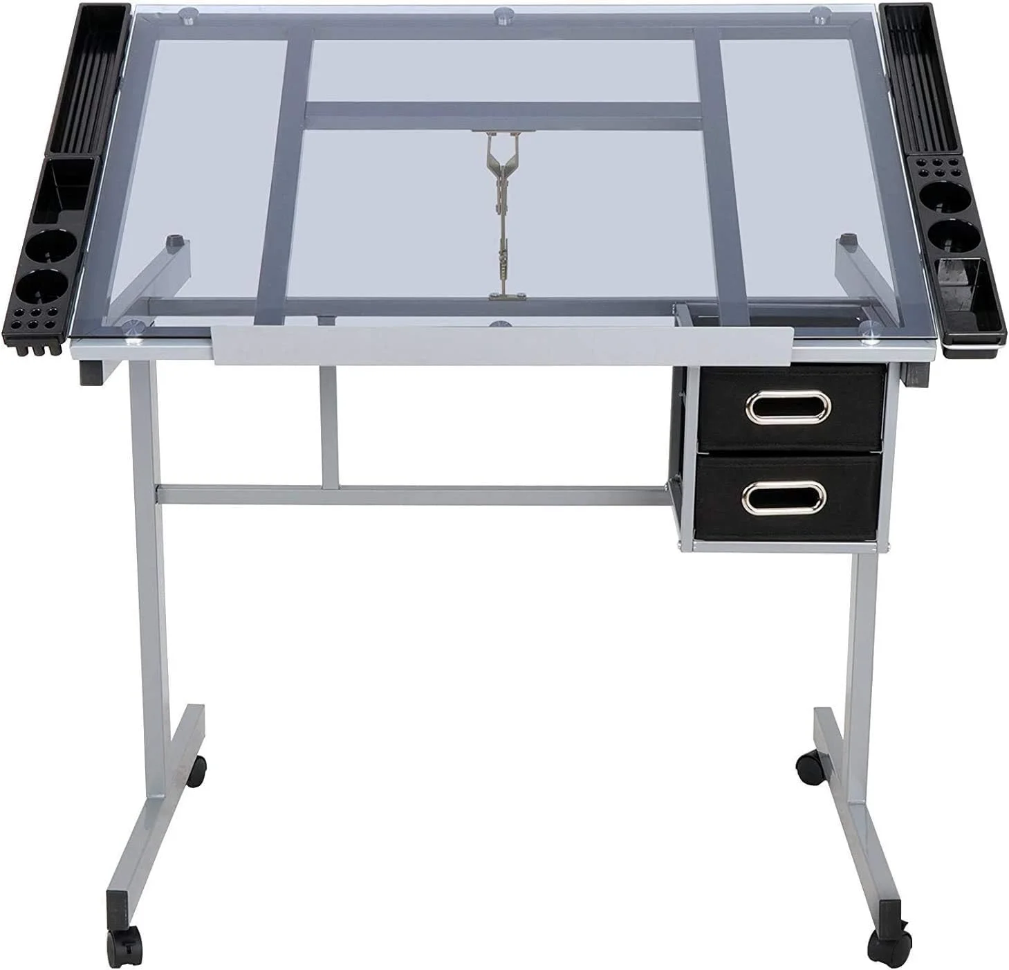 KHBIULIFE Adjustable Drafting Drawing Table Desk Tempered Rolling Glass Top Art Craft Station Desk w/2 Slide Drawers and Castors