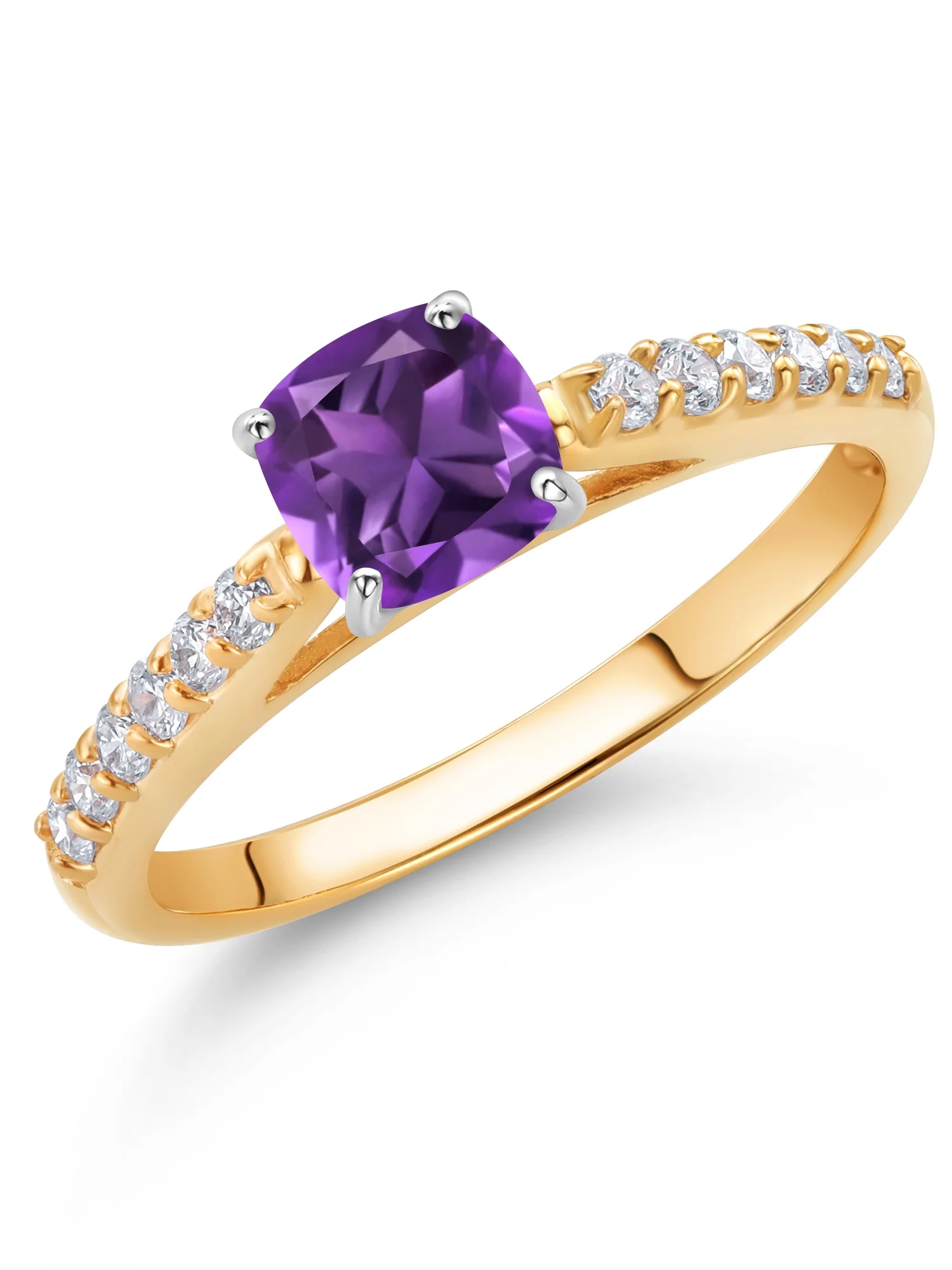 Gem Stone King 10K White Gold 5MM Cushion Cut Purple Amethyst and White Lab Grown Diamond Engagement Ring For Women (0.72 Cttw
