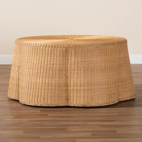 bali & pari Palm Scalloped Rattan Coffee Table - Handwoven Wicker Round Accent Table for Living Room Patio or Sunroom, Coastal Boho Style, White