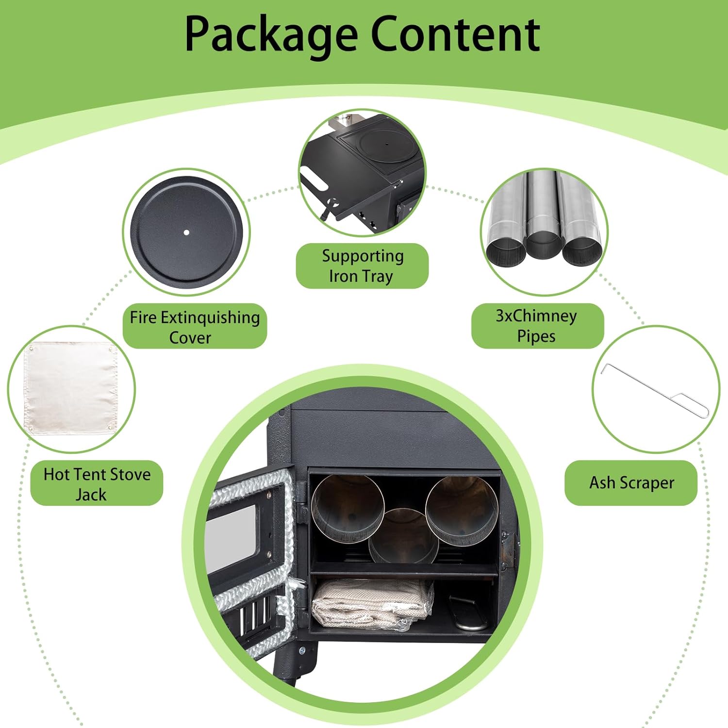 Camping Wood Stove, Outdoor Portable Tent Wood Burning Stove with Stainless Chimney Pipes