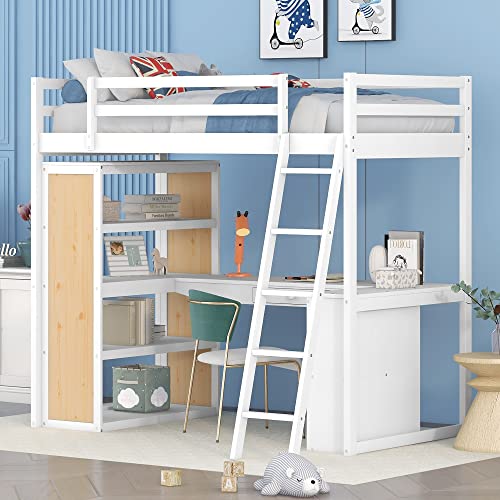 Twin Loft Bed with Staircase, Desk and Wardrobe, Wood Loft Bed with Storage Shelves and Safety Guardrail
