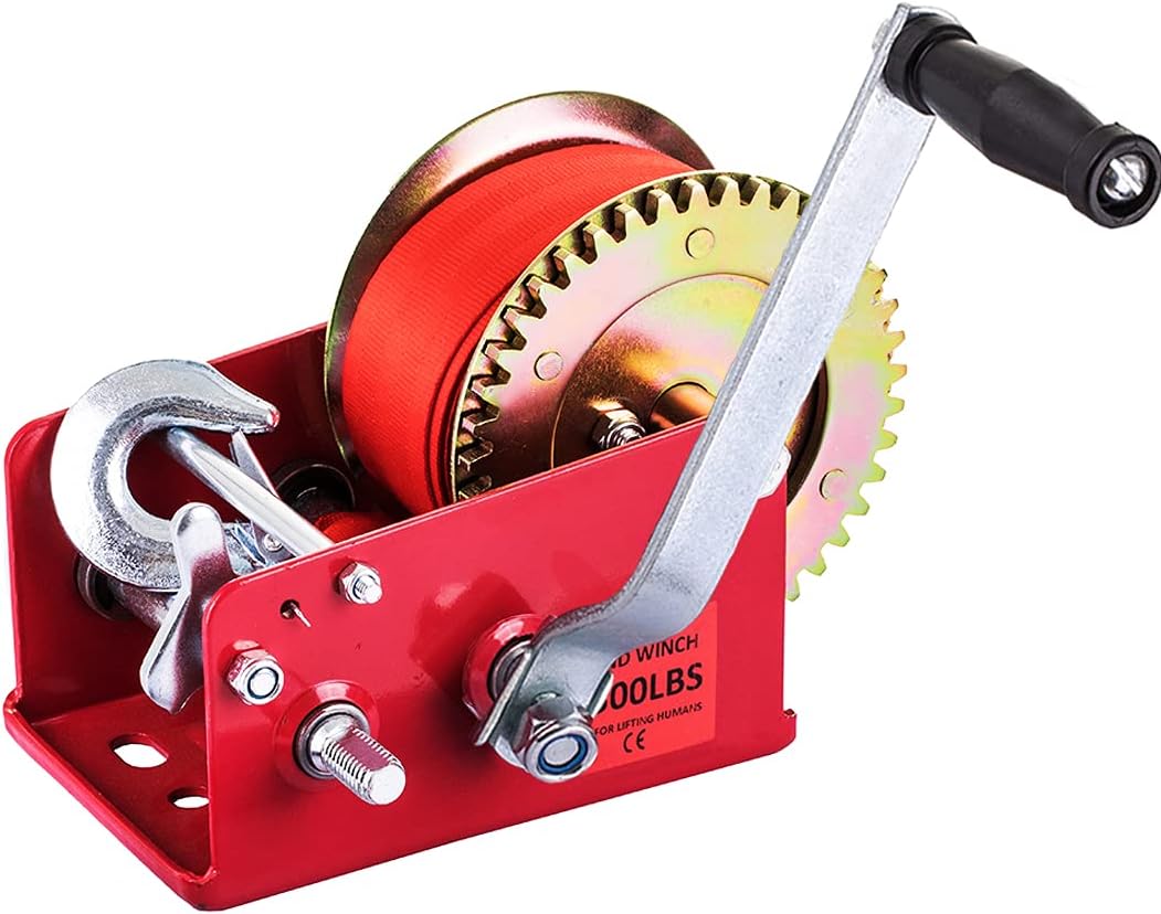 Hand Winch Heavy Duty 3500lbs with Nylon Strap and Ratchet Handle Hook 2 Gear Manual Crank Towing Winch for ATV Boat Trailer Truck Auto (2500 Red)