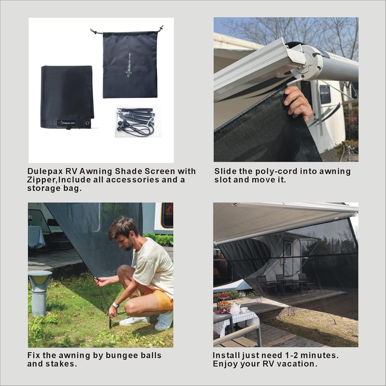 Dulepax RV Awning Shade Screen with Zipper 8'X11'3'' -Second Generation RV Awning Screen Significantly Improves Shadew and Privacy.Universal RV