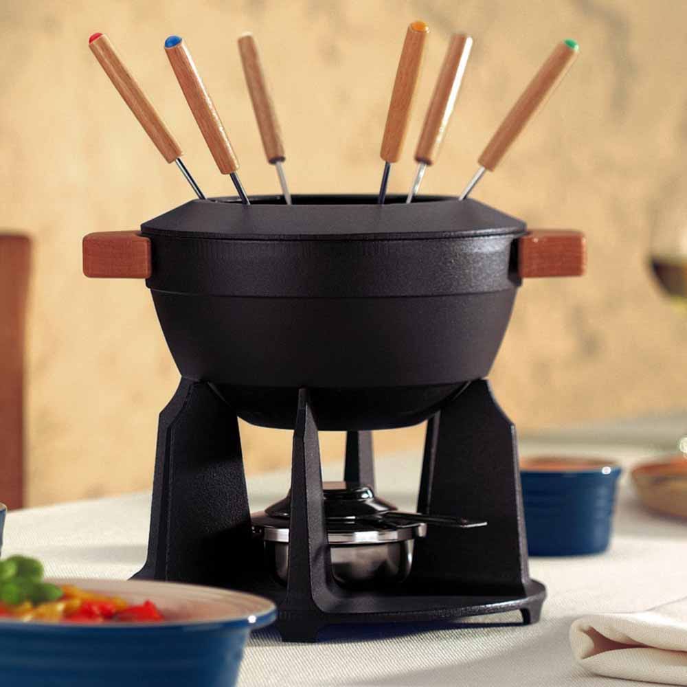 Le Creuset Cast Iron Fondue Set with Wooden Handle Cerise