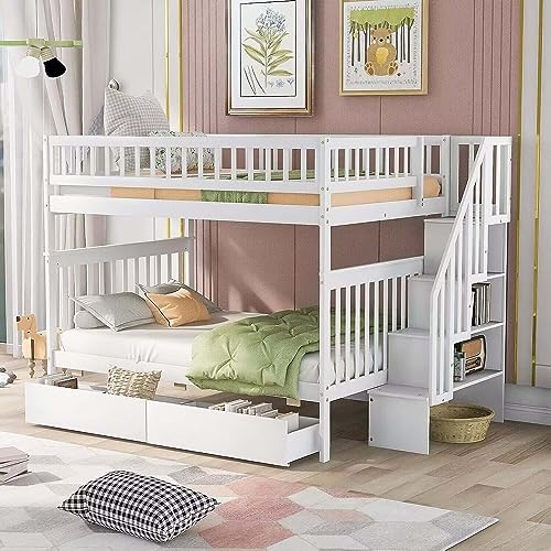 Harper & Bright Designs Twin Size Loft Bed with L-Shaped Desk and Stairs, Solid Wood Loft Bed Frame with Storage Drawers and Bookcase