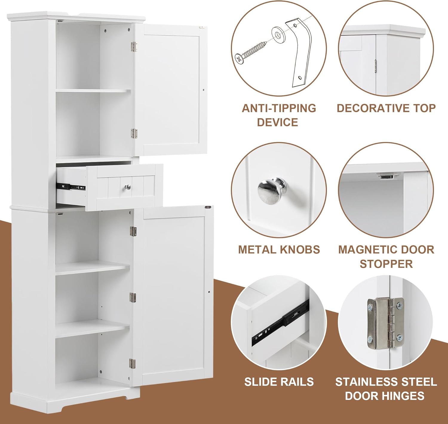 DofFo 67.3“ Tall Linen Bathroom Storage Cabinet, Modern Linen Cabinet Freestanding with 2 Doors and 1 Drawer, Bathroom Organizers Storage