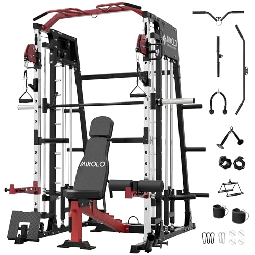 Mikolo Smith Machine, 2200lbs Squat Rack with LAT-Pull Down System & Cable Crossover Machine, Training Equipment with Leg Hold-Down Attachment
