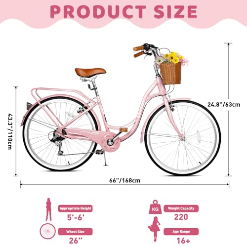 26 Inch Beach Cruiser Bike for Women, Hybrid Cruiser Bike with 7 Speed, Adjustable Seat, Lightweight Women Beach Cruiser Bike with Anti-Skid Tires