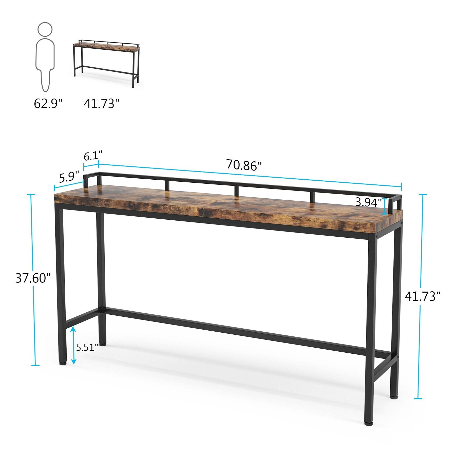 Narrow Sofa Couch Table, Long Console Table, Entrance Table, Bar Dining High Table - Brown