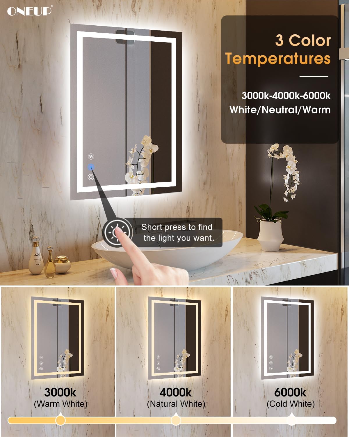 24''x36'' Bathroom Mirror with Lights,Front Lighted Bathroom Mirrors for Wall,Anti-Fog Smart Vanity Mirror,Touch Button and Memory Function