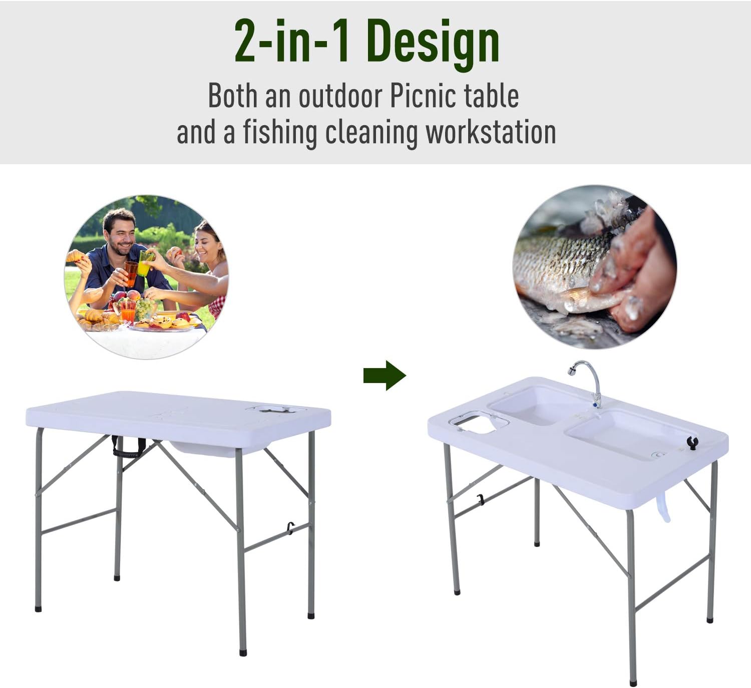 Outsunny Portable Folding Camping Sink Table with Faucet and Dual Water Basins, Outdoor Fish Table Sink, 40''