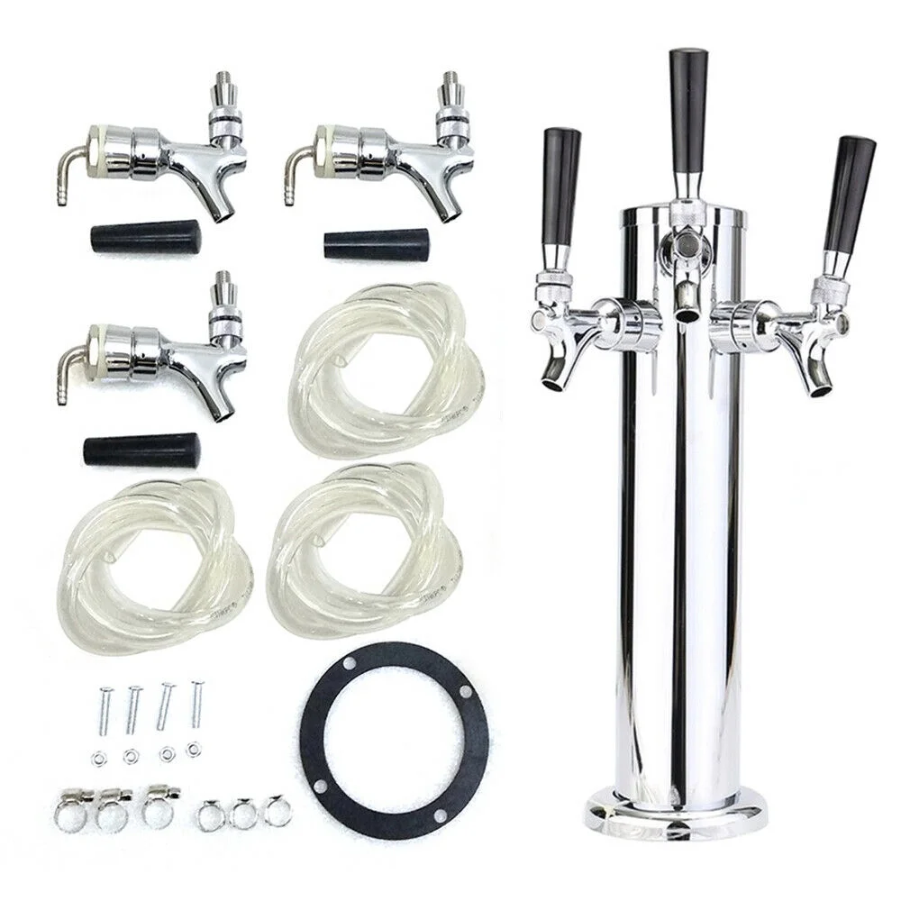 DENEST Beer Dispenser Beer Tower Homebrew Bar Beer Dispenser Stainless Steel Silver (3 Taps)