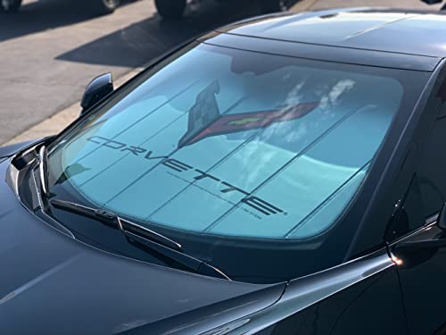 C8 Corvette Accordion Style Sunshade - Insulated Silver Windshield Sun Shade with Logo Foldable for 2020-2025 Stingray, Z51, Z06, E-Ray Corvettes