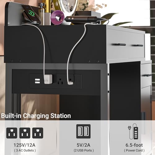 Vanity Desk with 4 Storage Drawers - Modern Makeup Vanity Table with Charging Station