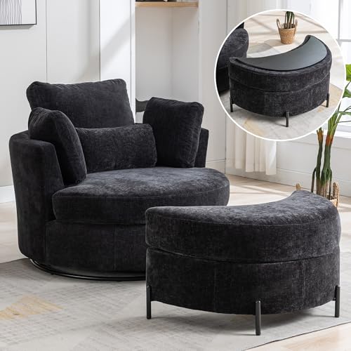 Aoiy & Wifon 42.2" W Oversized Swivel Barrel Chair with Ottoman, Upholstered Round Accent Chair with Storage Ottoman, Chenille, Beige