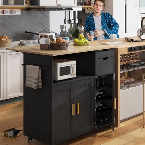 Rolling Mobile Kitchen Island Cart Bar with Drawer and Desktop Drop Leaf Countertop, Island Table Storage with 5 Wheels