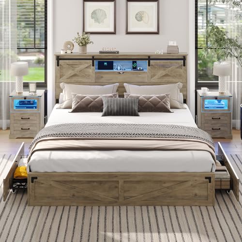 Hasuit Farmhouse Bed Frame California King Size with Storage Bookcase Headboard, Wooden Cal King Bed with LED Lights, Charging Station, 2 Drawers