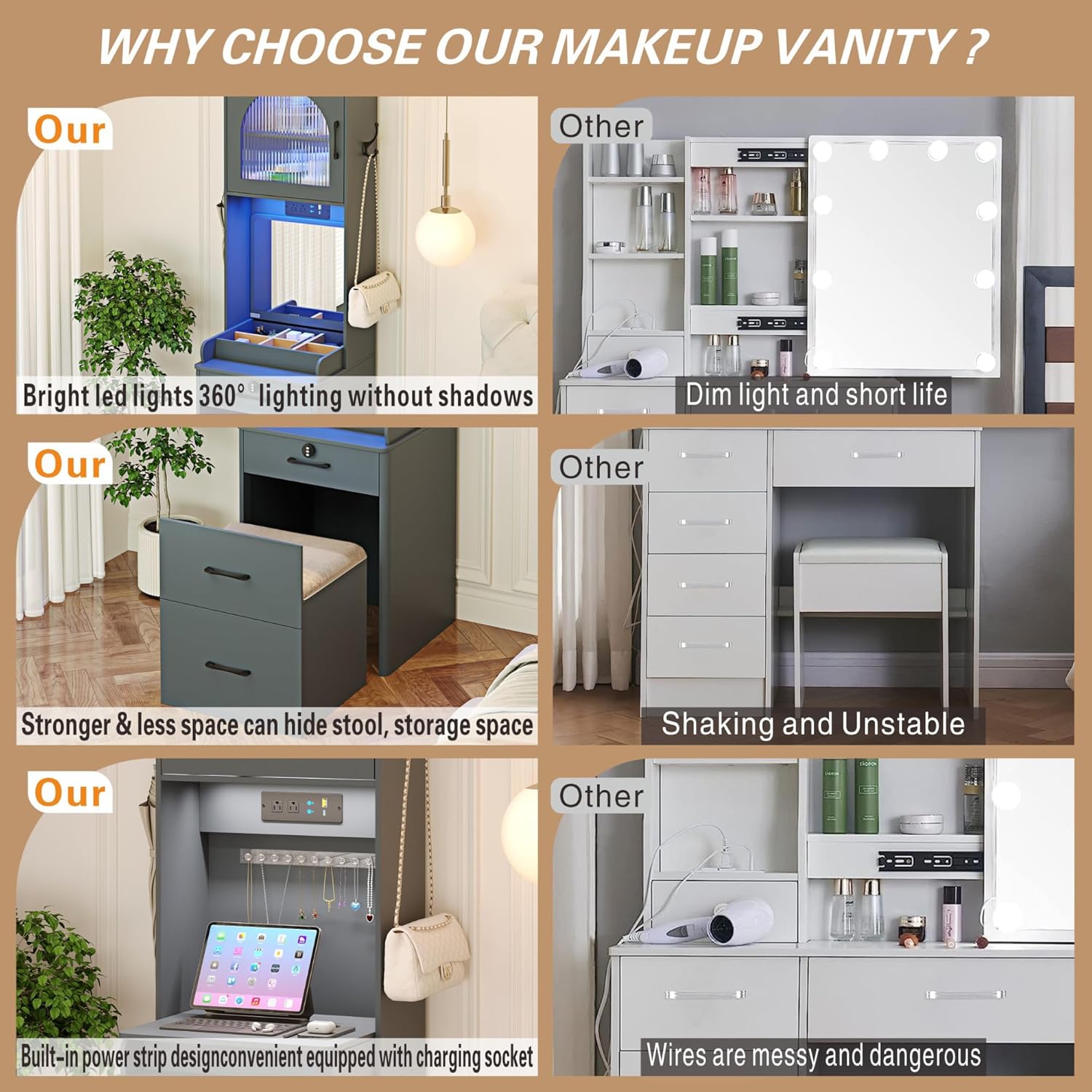 Small Vanity Desk with Mirror and Lights: Makeup Vanity Table with Combination Lock Drawers for Bedroom
