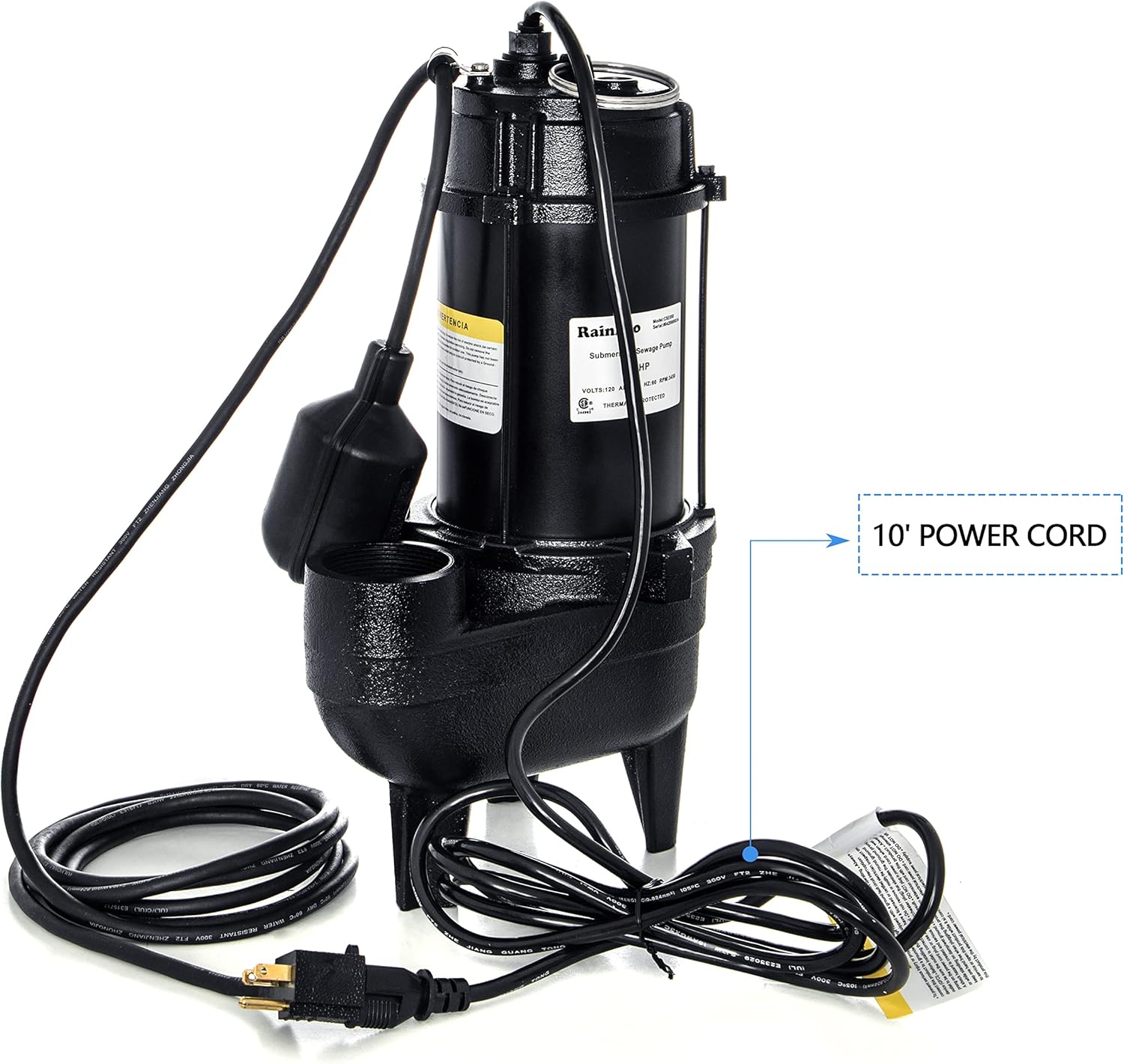 RainBro 1/2 HP Cast iron submersible sewage pump with 10 ft. piggy back tether float switch，Model# CSE050