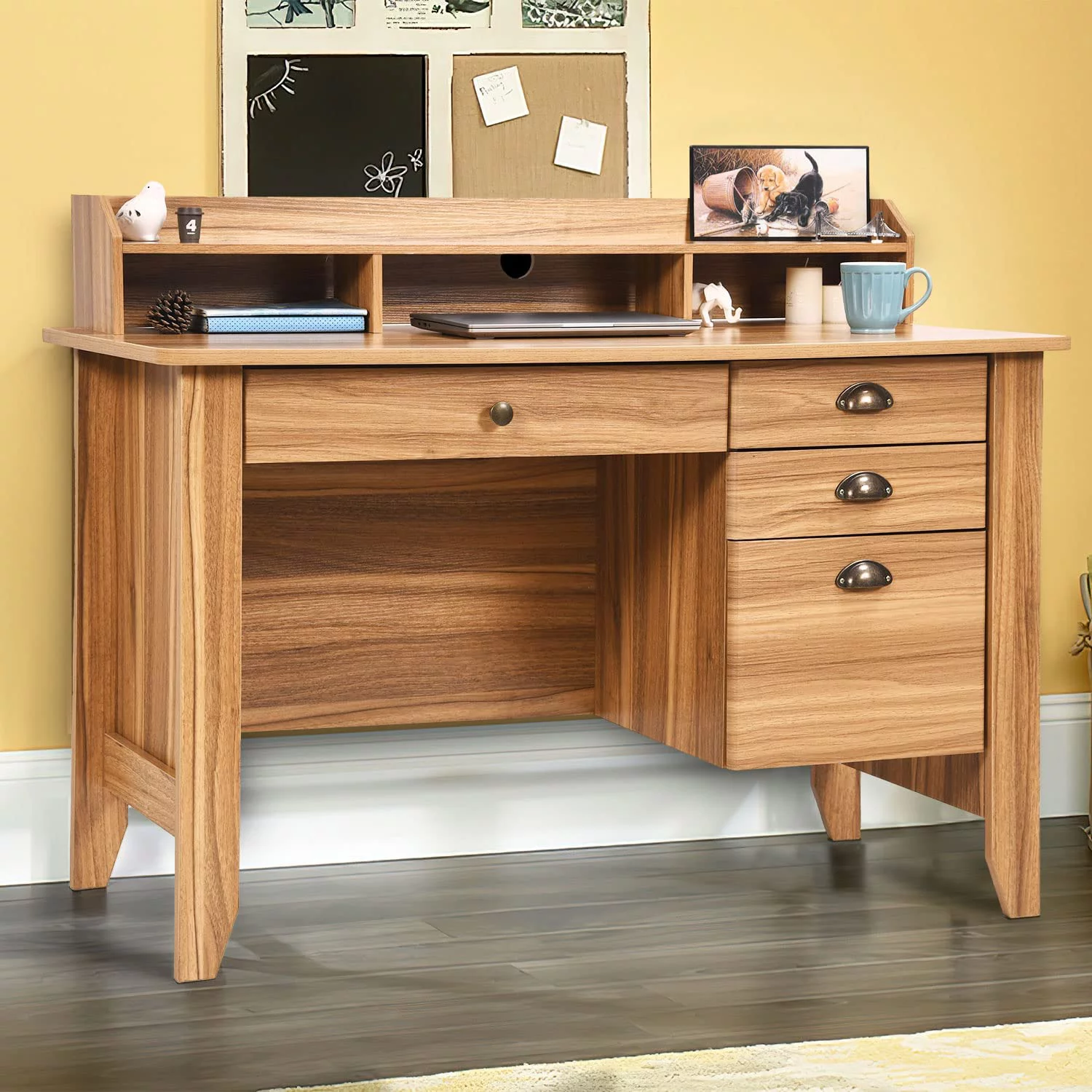 Catrimown Computer Desk, 47.5 in Wood Home Office Desk with Hutch and 4 Drawers, Monitor Stand, Rustic Brown
