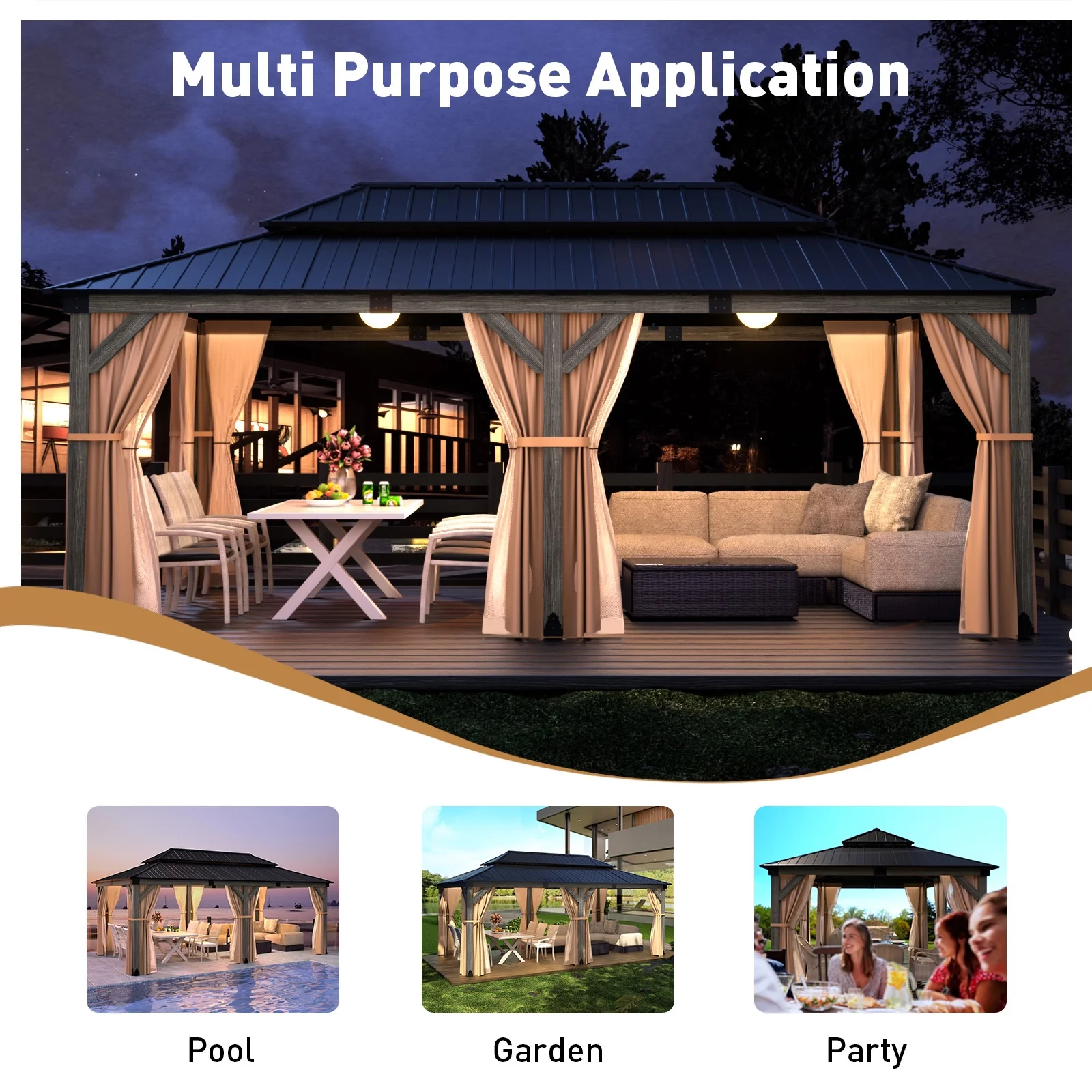 COSIEST 12x20FT Cedar Wood Gazebo, Outdoor Wooden Pergola with 2-Tier Galvanized Steel Roof, Netting & Curtains