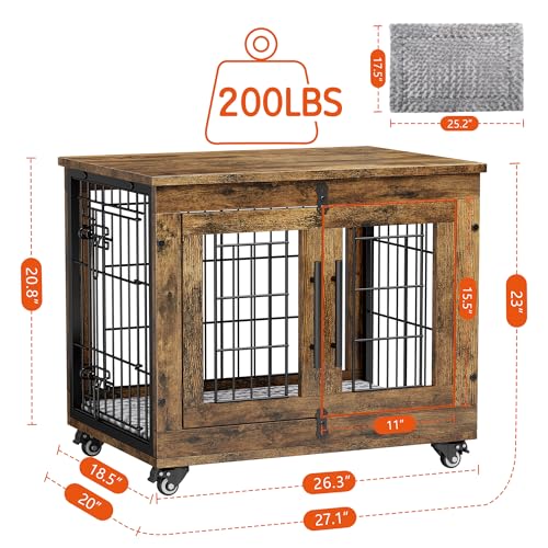 Lulive Dog Crate Furniture for Medium Dogs, 32'' Dog Kennel Indoor with Cushion & Wheels Wooden Dog Cage Double Doors Dog Crate End Table, Grey
