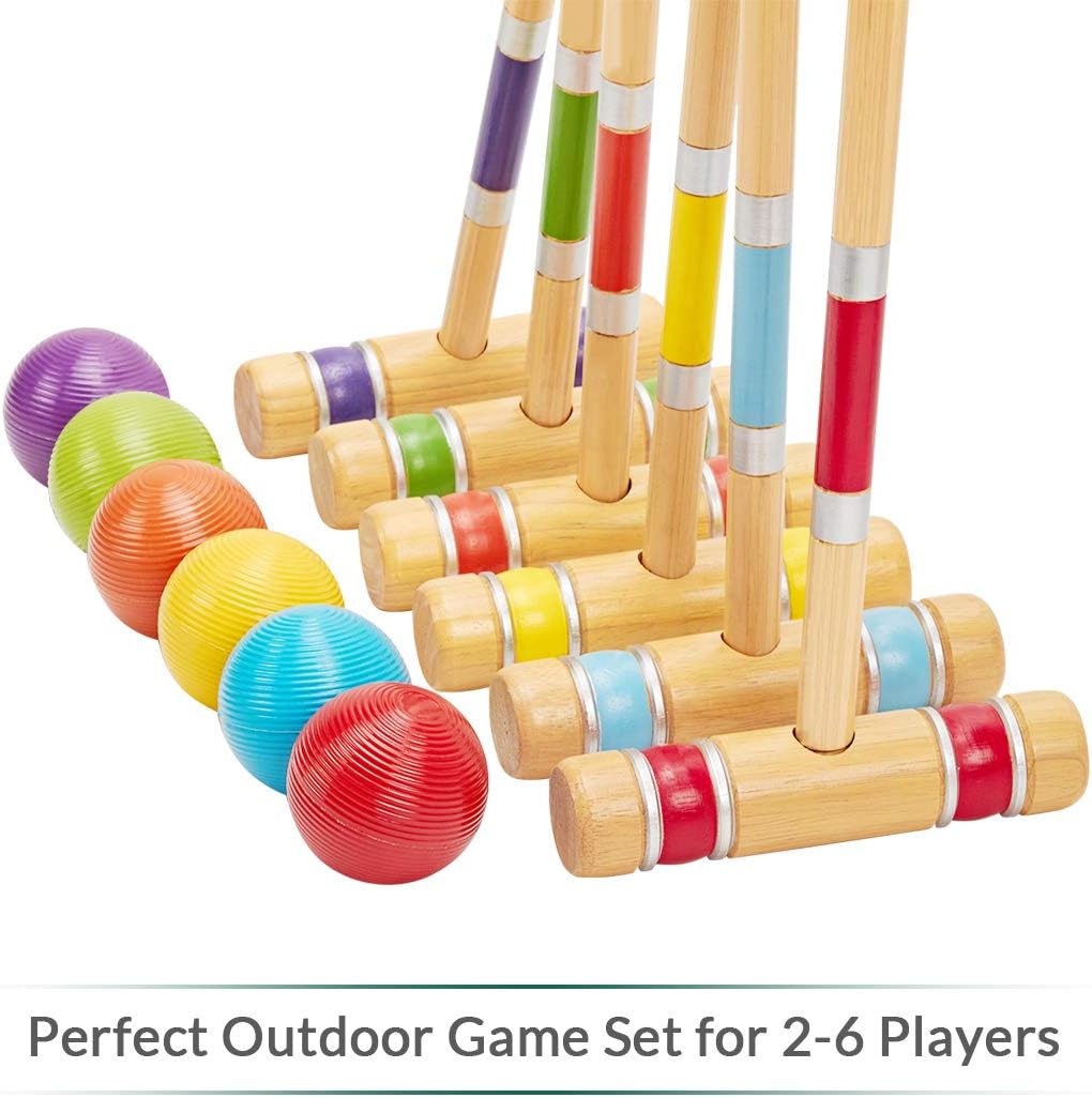 ApudArmis Six Player Croquet Set with Premiun Rubber Wooden Mallets 28In,Colored Ball,Wickets,Stakes