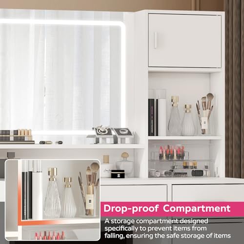 Vanity Desk with Mirror and Light, Large Drawer and Three Level Storage Dresser, 3 Lighting Modes Adjustable Brightness