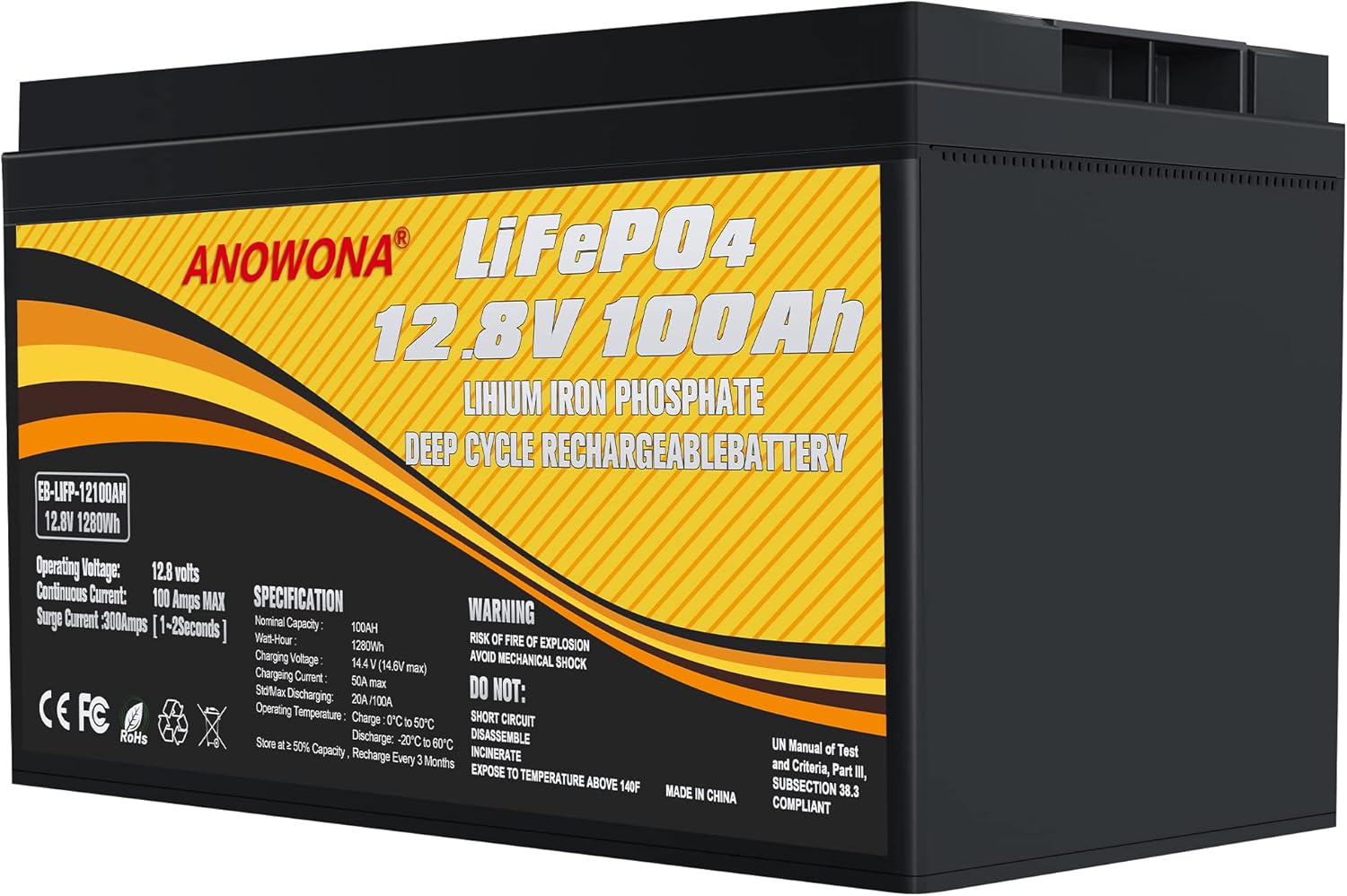12.8V 100Ah Lithium Iron LiFePO4 Deep Cycle Battery, Built-in 100A BMS, 5000+ Cycles, Perfect for RV, Solar, Marine, Overland