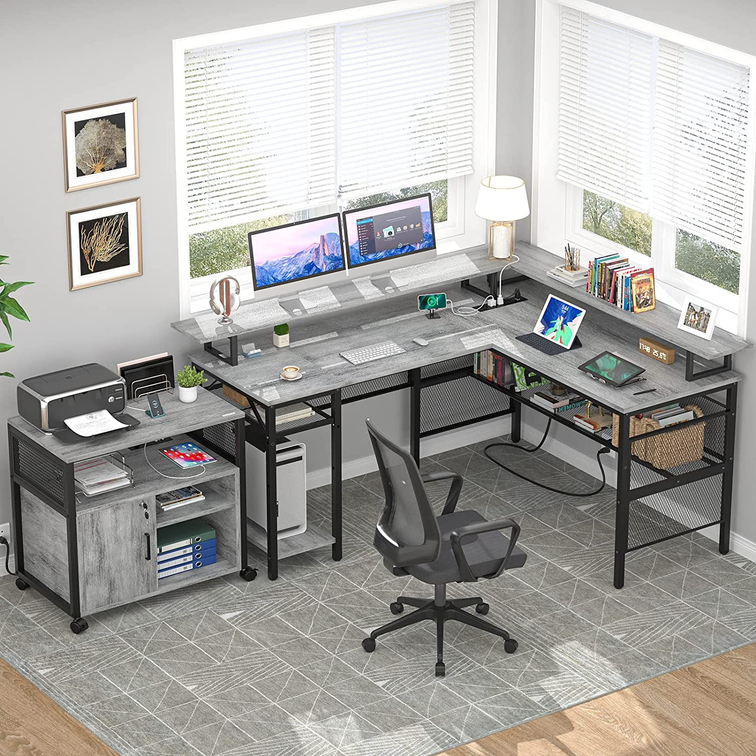 Homieasy L Shaped Desk with Power Outlets and LED Light, 55 inch Reversible L-Shaped Gaming Desk with Monitor Stand