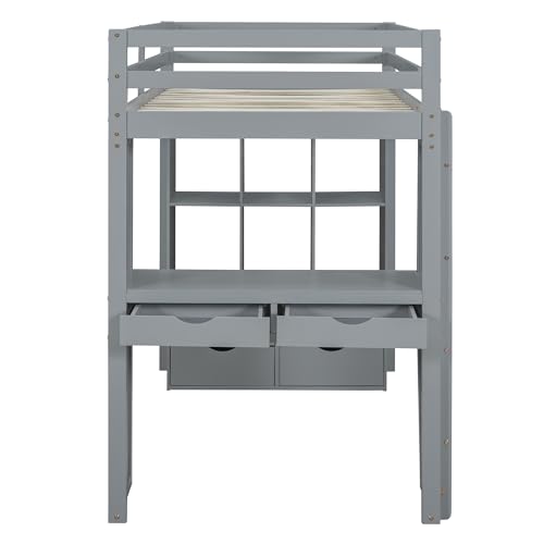 Full Size Loft Bed with Desk & Wardrobe, Solid Wood Kids Loft Bedframe w/3 Storage Drawers & 2 Shelves, Maximum Space Design, for Bedroom, Dorm, Gray