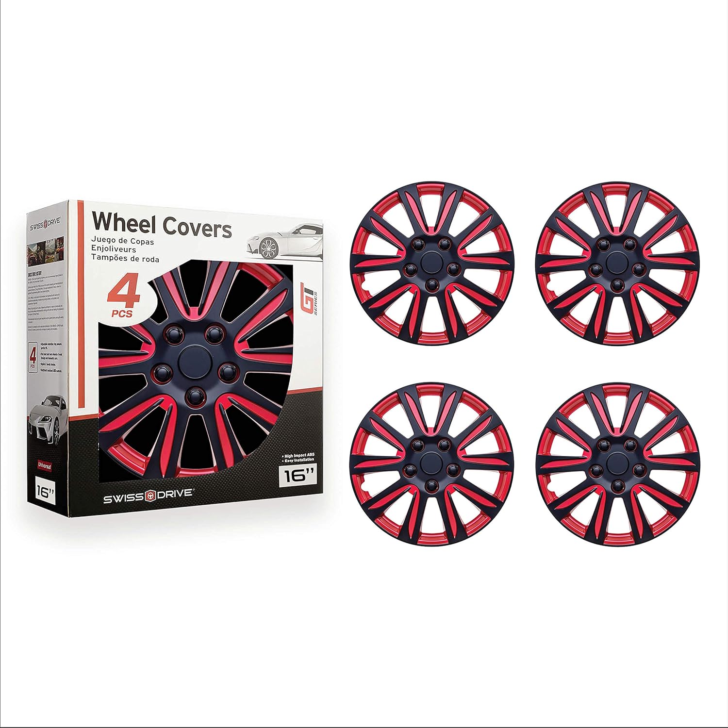 Swiss Drive HubCap 16-Inch Red Black Set of 4- Luxurious Red and Black Design – Durable and Reliable