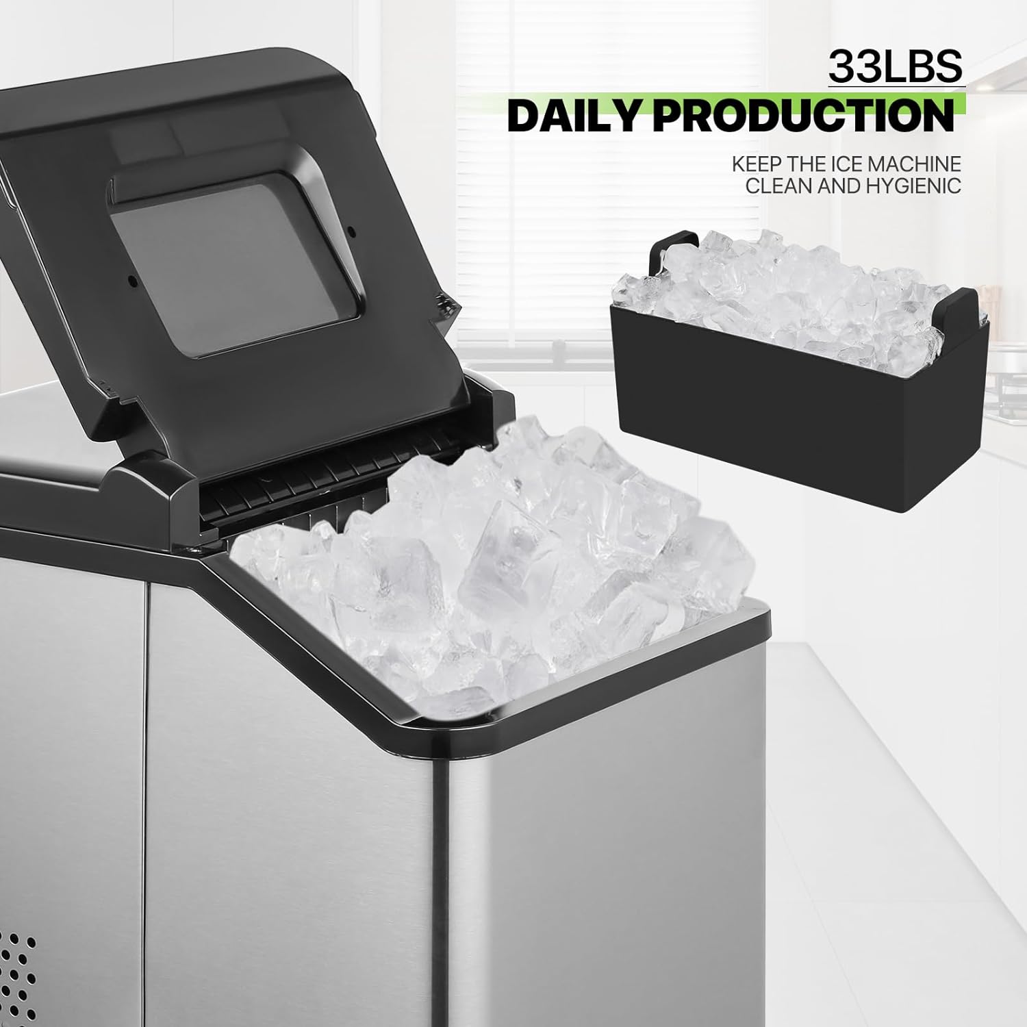 Ice Maker Countertop 9 Cubes Ready in 10Mins, 26lbs in 24Hours, 2 Sizes Bullet Shaped Ice, Ice Maker Machine with Ice Scoop and Basket