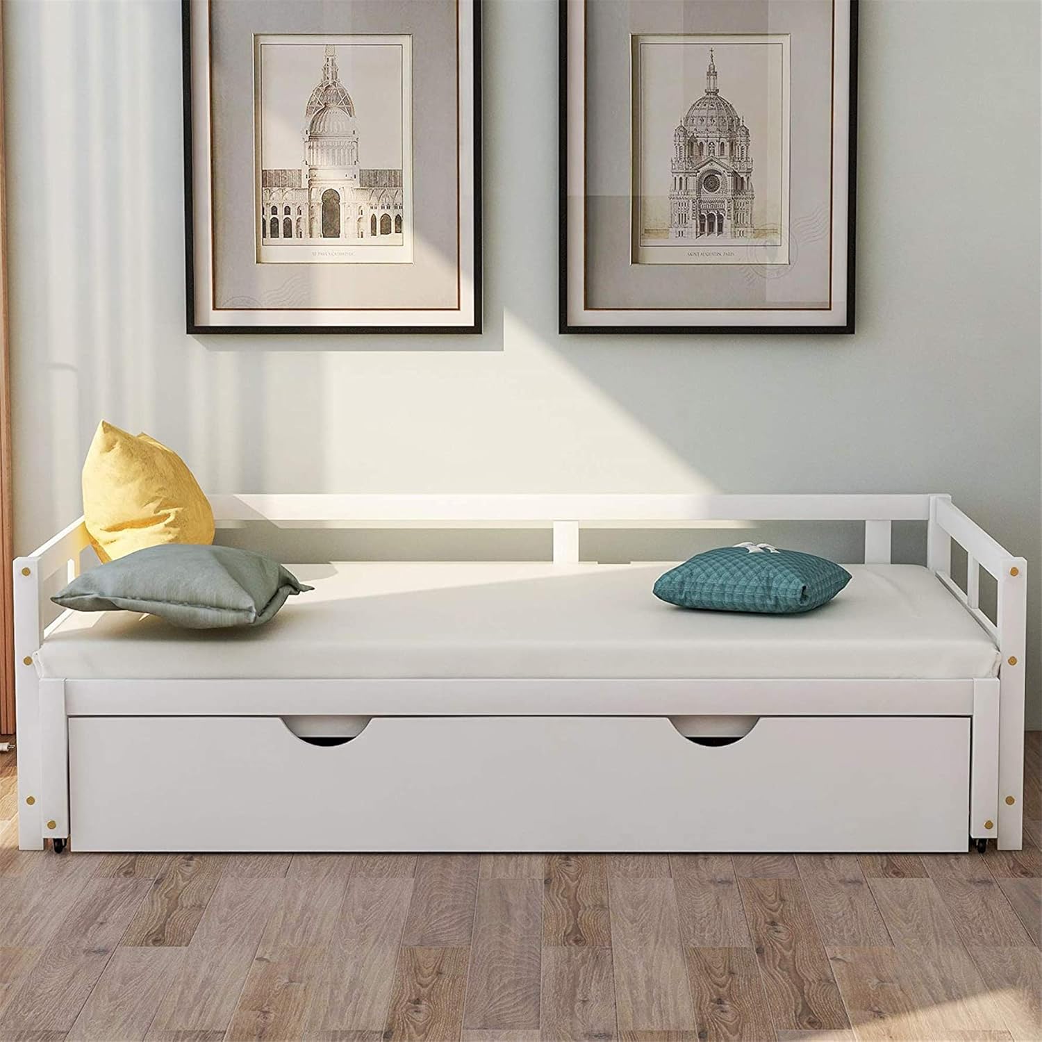 MERITLINE Daybed with Trundle,Twin to King Trundle Bed Extendable Design, Wooden Daybed/Sofa Bed for Bedroom Living Room,No Box Spring Needed,White
