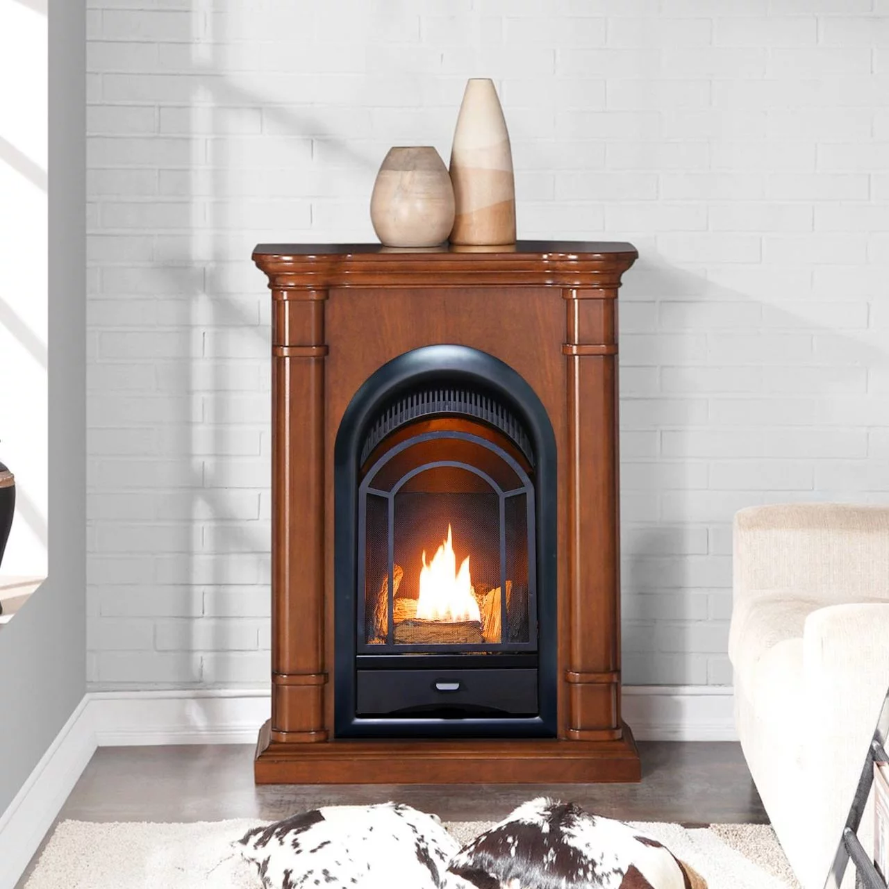 ProCom FS100T-3AS Ventless Fireplace System 10K BTU Duel Fuel Thermostat Insert and Apple Spice Mantel