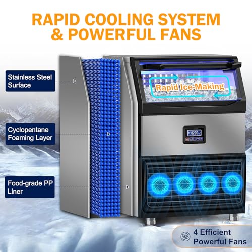 Clear ice Cube Maker, Commercial Ice Maker Machine, Stainless Steel Freestanding Ice Machine Automatic Operation