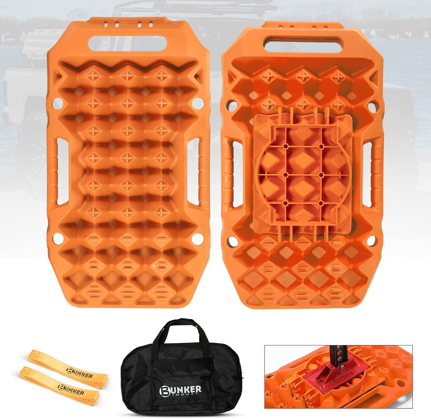 BUNKER INDUST Off-Road Traction Boards with Jack Lift Base,2 Pcs Multifunctional Recovery Tracks Traction Mat for 4X4 Mud, Sand