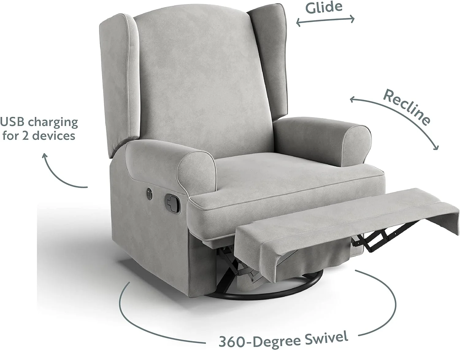 Storkcraft Serenity Wingback Children's Nursery Recline Glider with USB, Steel