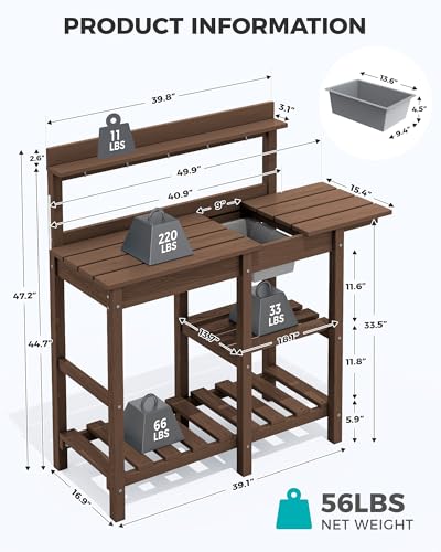 SERWALL Potting Bench Outdoor Potting Table with Sink, HDPE Potting Benches for Outside Gardening Table All Weather Use- Black