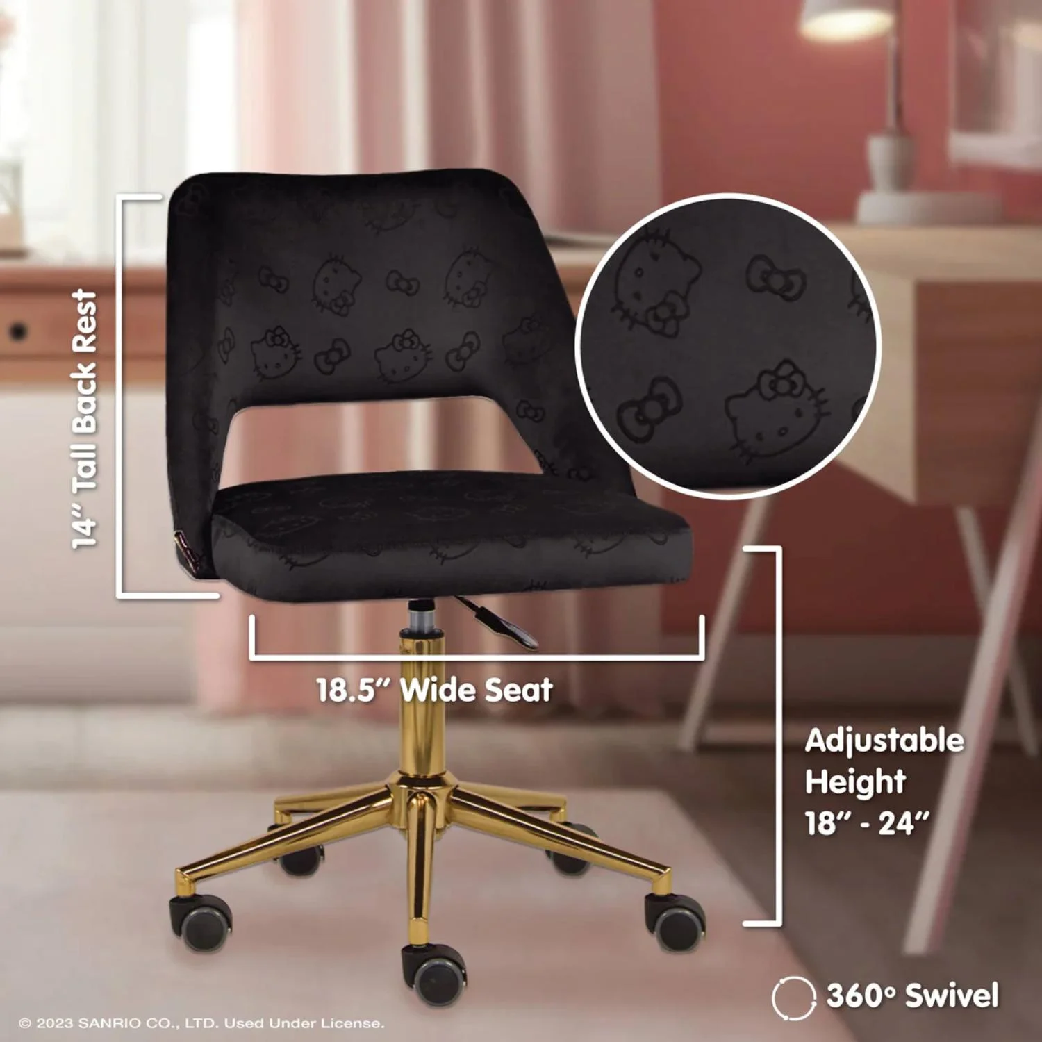 Impressions Vanity Hello Kitty Velvet Swivel Vanity Chair with Back, Ergonomic Backrest Cute Desk Chair with Wheels