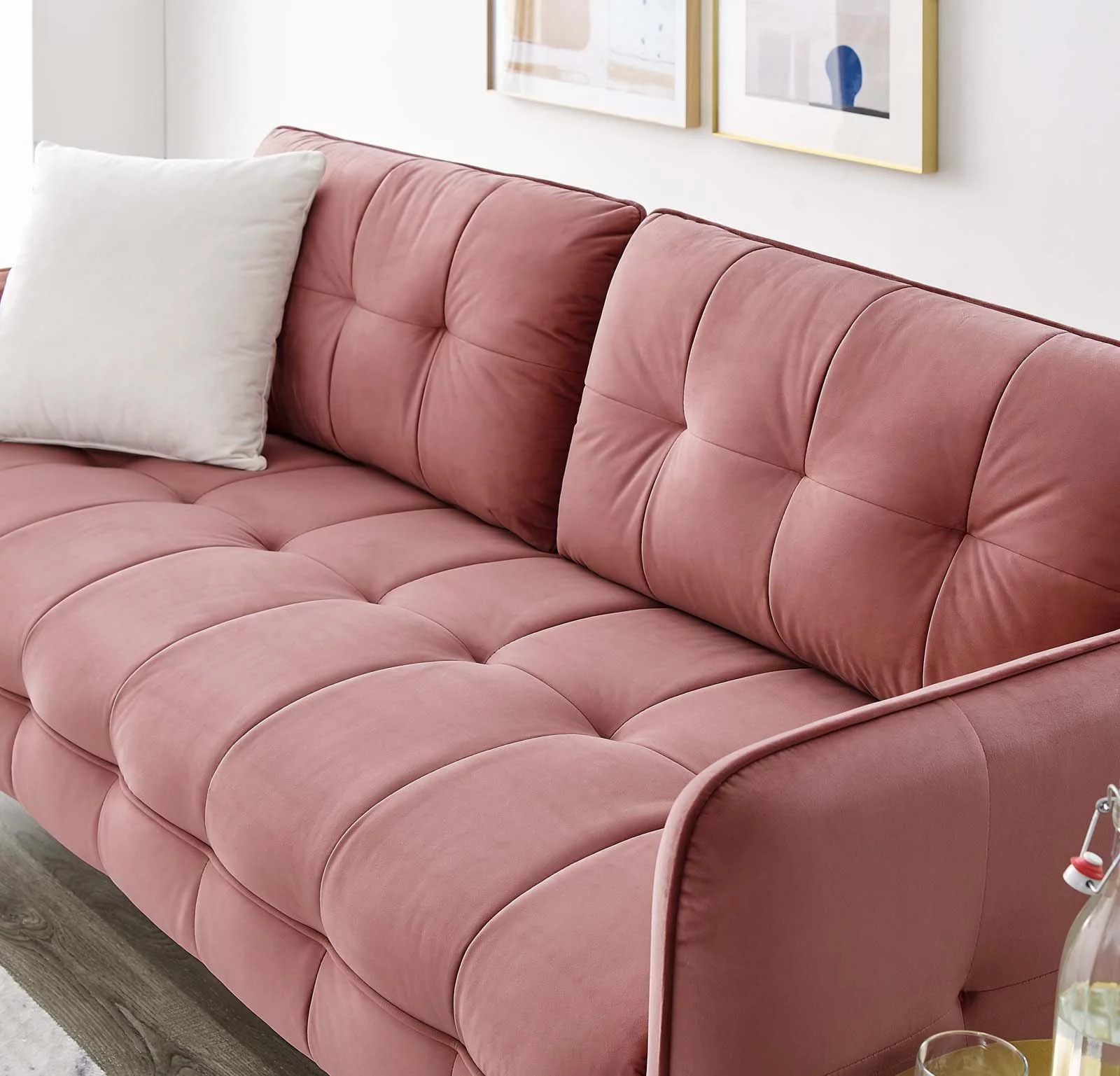 Tufted Sofa, Velvet, Pink, Modern Contemporary Urban Design, Living Lounge Room Hotel Lobby Hospitality