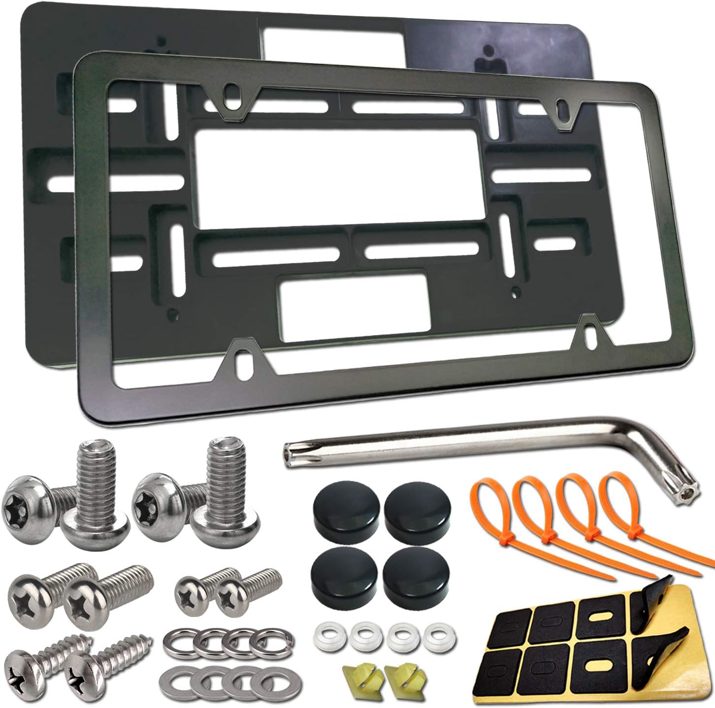 Aootf Front License Plate Bracket- Universal Front Bumper License Plate Mounting Kit, Car Tag Holder Adapter& Black Aluminum Plate Cover
